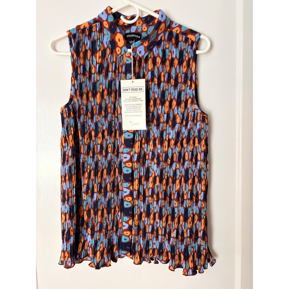 Wildfang Tops - Wildfang The Empower Plisse Button Up Sleeveless Top Abstract Floral Orange Blue